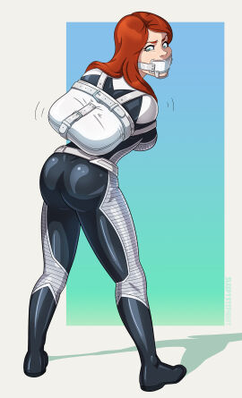 1girls armbinder blue_eyes bondage bound boxbinder female female_only femsub fully_clothed gag gagged latex latex_clothing red_hair rune_(annozoker) shiny_clothes sleepystephbot solo solo_female tight_clothing