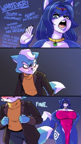 1boy 1girls 2024 arguing blue_fur breasts dress fakeryway female jacket jeans krystal krystal_(star_fox) large_breasts male marcus_mccloud nintendo pleasure_castle scowl star_fox staring text wide_hips wide_thighs