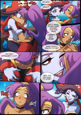 2girls 7koma asking_for_it ass_grab blue_eyes dark-skinned_female dark_skin dialogue duo earrings embrace english_text female female_only flirting hat hugging imminent_sex kinkymation kissing long_hair making_out pirate purple_hair risky_boots saliva_string seducing seductive shantae shantae_(character) speech_bubble teasing text yuri