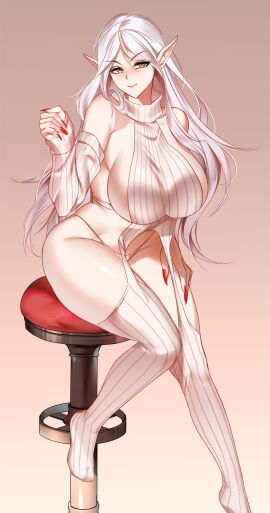 big_breasts breasts female nat19 red_nails satsumaru sitting sitting_on_chair vestige_of_ophiuchus virgin_destroyer_sweater white_hair yellow_eyes