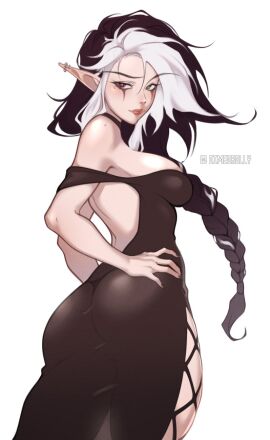 1girls ass black_hair braid dimedrolly dress ear_piercing elf elf_ears elf_female female female_only green_eyes hands_on_hips heterochromia hi_res long_dress long_hair looking_at_viewer mole mole_on_shoulder mole_under_eye original red_eyes solo two-tone_hair white_hair zoelie_(sasha_khmel)