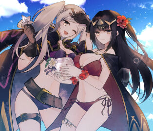 2girls alternate_costume belt bikini black_coat black_hair blue_sky blunt_bangs bracelet breasts brown_eyes brown_gloves cape cleavage cloud cloudy_sky coat cup female female_only fire_emblem fire_emblem_awakening fire_emblem_heroes flower gatona gloves grey_hair hair_flower hair_ornament hibiscus highres holding holding_cup jewelry large_breasts long_hair looking_at_viewer medium_breasts multiple_females multiple_girls navel nintendo o-ring o-ring_bikini official_alternate_costume one_eye_closed purple_bikini purple_swimsuit red_bikini red_flower red_swimsuit robin_(fire_emblem) robin_(fire_emblem)_(female) sky starfish sunlight swimsuit tharja_(fire_emblem) thigh_strap tiara twintails