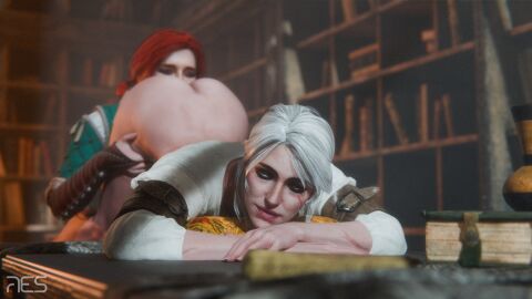 2girls 3d anilingus ass ass_up ciri eating_ass female female_only freckles green_eyes light-skinned_female light_skin mascara red_hair rimjob rimming scar the_witcher_(series) the_witcher_3:_wild_hunt triss_merigold white_hair witcherres yuri