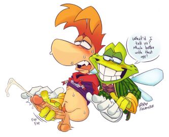 amphibian anthro blush bodily_fluids clothing corruption cum duo english_text frog genital_fluids genitals gloves handjob handwear humanoid humanoid_genitalia humanoid_penis male male/male murphy_(rayman) mutual_masturbation nipples on_model penile penis pubes rayfreakster rayman rayman_(series) raypeople_(rayman) reach_around sex shirt_pulled_up speech_bubble text ubisoft