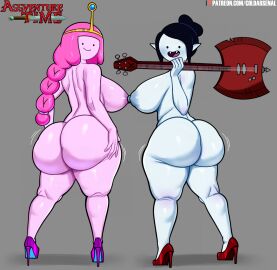 2girls adventure_time ass ass_bigger_than_head ass_focus blue_skin bottomless breasts breasts_out coldarsenal crown fat_ass fat_butt female female_focus female_only heels huge_ass juicy_ass juicy_butt large_breasts looking_back male marceline naked naked_footwear naked_male no_bra no_panties no_underwear pink_body pink_hair pink_nipples pink_skin princess_bubblegum puffy_nipples thick_thighs vampire vampire_girl white_body white_skin