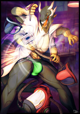 alien anthro bulge cleaning_tool clothing coat flaccid genitals hi_res hybrid jockstrap labcoat lowius male male/male multi_arm multi_eye multi_limb multi_tongue muscular muscular_male penis reptile scalie scientist shaded solo spikes tongue topwear underwear vacuum_cleaner video_game_reference