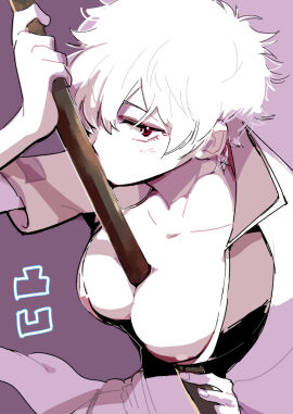 big_breasts breasts cleavage female female_only fully_clothed genderswap genderswap_(mtf) gintama gintoki_sakata looking_at_viewer miyanojun monochrome object_between_breasts purple_background purple_theme red_eyes rule_63 short_hair solo very_short_hair