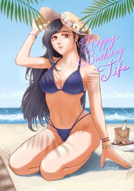 1girls beach bikini black_hair blue_bikini blue_swimsuit bracelet breasts bucket clouds earrings female final_fantasy final_fantasy_vii hat kneeling large_breasts linono long_hair looking_at_viewer midriff navel ocean outside palm_tree red_eyes sandals sky sun_hat swimsuit tifa_lockhart water