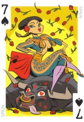 1girls 54_international_cuties bill_presing boob_window braided_ponytail breasts breasts_exposed bull bullfighter bullfighting card female flower_in_hair heart_eyes holding_object humor inner_sideboob kiss_mark lipstick_mark matador muleta national_personification no_nipples nose_piercing nose_ring pinup playing_card red_cape red_cloth red_lipstick roses sitting_on_animal spain tongue tongue_out underboob