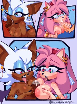 2boys 2girls amy_rose araeofdrawings blowjob breasts dark-skinned_female dark-skinned_male dark_skin double_paizuri female heart-shaped_pupils knuckles_the_echidna male nipple_piercing nipples penis piercing pink_fur pink_hair rouge_the_bat saliva sonic_(series) sonic_the_hedgehog sonic_the_hedgehog_(series) tailwag tounge_out white_fur white_hair