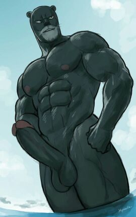 abs anthro biceps big_penis cloud domestic_cat erection exceed facial_markings facial_scar fairy_tail felid feline felis genitals glans hands_on_hips head_markings hi_res humanoid_genitalia humanoid_penis hydaria low-angle_view male mammal markings muscular muscular_anthro muscular_arms muscular_male muscular_thighs muzzle_(marking) nipples pantherine pantherlily partially_submerged pecs penis round_ears scar shallow_water sky skyscape solo triceps water whiskers