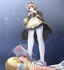2girls absurdres black_bow black_dress black_sleeves blonde_hair blue_eyes bow breasts brown_hair closed_mouth detached_sleeves dress flower foot_on_another's_face foot_on_chest foreshortening frilled_sleeves frills from_below full_body genshin_impact gloves gold_trim grey_background hair_flower hair_ornament hairbow hand_on_own_hip highres licking licking_foot light_particles looking_down lumine_(genshin_impact) lying multicolored_dress multiple_girls no_shoes on_back pantyhose pleated_dress pointing pointing_down sandrone_(genshin_impact) see-through_pantyhose short_hair smell soles standing stepped_on toes tongue tongue_out trample user_daph4523 wet wet_clothes white_dress white_flower white_gloves white_headdress white_pantyhose wide_sleeves yellow_eyes yuri