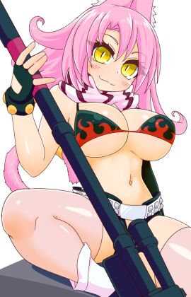 andy_find breasts cat_ears cat_tail duel_monster female gloves golden_eyes gun large_breasts pink_hair smile spread_legs tri-brigade_ferrijit_the_barren_blossom yoko_littner_(cosplay) yu-gi-oh!