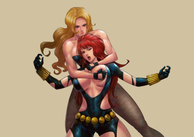 2girls absurdres avengers black_canary black_widow_(marvel) blonde_hair breasts catfight cirenk dc dc_comics dc_vs._marvel dinah_lance female grabbing_another's_breast groping highres justice_league large_breasts marvel marvel_comics multiple_females multiple_girls natasha_romanoff pantyhose red_hair