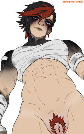 1girl 1girls abs arcane arcane:_league_of_legends arcane_brawler_vi arcane_vi arena athletic_female bandage bandaged_arm bandaged_chest bandages bandaid bandaid_on_shoulder bare_shoulders belt black_hair black_lips black_pants blue_eyes breast_bandage breasts butch cheek_tattoo closed_mouth collarbone ear_piercing eyelashes eyeshadow female female_abs female_focus female_only fit_female from_below goth goth_girl grey_belt highres league_of_legends looking_at_viewer looking_down makeup medium_breasts midriff multicolored_hair muscular muscular_female navel nose nose_piercing pants patreon_username piercing punk red_hair riot_games scar scar_across_eyebrow scar_on_face scar_on_lip short_hair simple_background solo solo_female solo_focus standing stopu tattoo tattooed_arm tomboy two-tone_hair vi vi_(league_of_legends) white_background