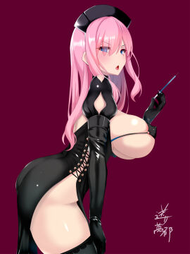 1girls areola_bulge areola_slip ass blue_eyes breasts eyeshadow female female_focus gloves hat large_breasts latex latex_clothing latex_gloves long_hair nipple_bulge nurse nurse_cap nurse_clothing nurse_hat nurse_uniform okuri_banto open_mouth original original_character pink_hair revealing_clothes signature simple_background solo solo_focus syringe thighhighs thighs