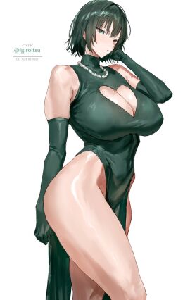 absurdres bare_shoulders breasts cleavage cleavage_cutout clothing_cutout covered_nipples curvy dress elbow_gloves female fubuki_(one-punch_man) gloves green_dress green_eyes green_gloves green_hair groin highres igiroitsu jewelry large_breasts looking_at_viewer necklace one-punch_man pearl_necklace pelvic_curtain short_hair solo thick_thighs thighs twitter_username