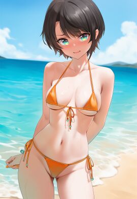 ass_visible_through_thighs bangs beach bikini black_hair blue_eyes blue_sky blurry blurry_background blush breasts breasts_apart cleavage cloud collarbone cowboy_shot day depth_of_field female front-tie_top halterneck hololive horizon looking_at_viewer medium_breasts navel ocean oozora_subaru orange_bikini outdoors short_hair side-tie_bikini sky smile solo standing string_bikini swimsuit tan tanline virtual_youtuber water