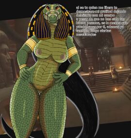1girls 5_fingers ammit ammit_(moon_knight) anthro big_breasts breasts crocodilian deity digital_media_(artwork) egyptian_mythology elangelote female female_anthro female_only fingers genitals goddess green_body green_scales green_skin hands_on_hips hi_res marvel marvel_comics middle_eastern_mythology monster monster_girl moon_knight_(series) mythology nightmare_waifu nipples non-english_text non-mammal_breasts non-mammal_nipples public_domain pussy reptile scales scalie solo spanish_text text thigh_gap