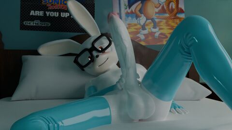 balls bed bedroom bel_(onlyathrowaway) big_balls blender glasses huge_cock lagomorph latex latex_gloves latex_thighhighs male mobian_(species) musk no_humans onlyathrowaway penis presenting_penis rabbit smile sweat