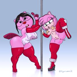 amy_rose anthro anthro_only breasts female fryerwamez glasses heels huge_breasts loopy_(pororo) loopy_plushie one_leg_raised pasties plump_pussy pointing_up pororo_the_little_penguin pussy red_stockings reflective_floor sonic_(series) star_pasties stockings stripper_pole thick thick_thighs