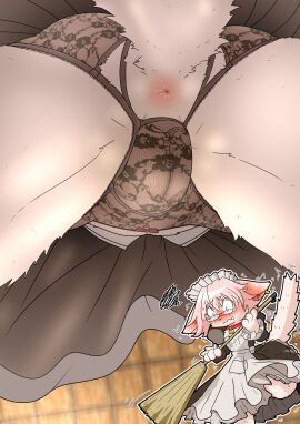 absurd_res anal_access angry anthro anus ass blush bow_panties bow_ribbon bow_underwear broom cleaning_tool clothed clothing collar domestic_cat embarrassed eyewear felid feline felis female fur genitals glasses hair hi_res lace_panties maid_uniform mammal mttbsmn panties philine_(mttbsmn) solo tail underwear uniform upskirt vulva white_body white_fur