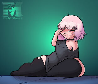 ass ass_bigger_than_head bangs big_ass big_butt big_nipples bob_cut choker clothed female female_only fonkimonki huge_ass huge_butt jill_(fonkimonki) large_ass no_bra pink_hair revealing_clothes shortstack sideass socks t-shirt thick thick_ass thick_legs thick_lips thick_thighs thighhighs voluptuous wide_hips wide_thighs