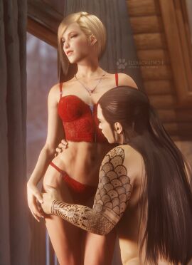 1boy 1girls 3d artist_name asian_male bedroom black_hair blonde_hair brown_eyes bustier closed_eyes earrings elena_(final_fantasy) elenachatnoir enjoying female female_torso final_fantasy final_fantasy_vii final_fantasy_vii_rebirth final_fantasy_vii_remake fit fit_female highres holding_thigh hourglass_figure hug instagram_username lingerie long_hair male naked naked_male necklace older_male panties red_lingerie red_panties short_hair toned tseng tumblr_username twitter_username worship worshipping young_female younger_female