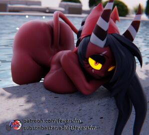 2024 3d ass black_hair breast_squish breasts demon digital_media_(artwork) eyebrows eyelashes female feversfm hair helluva_boss hi_res imp looking_at_viewer nude sallie_may_(helluva_boss) sallie_may_(valorlynz) solo squish swimming_pool tail text url yellow_sclera