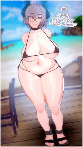 3d ass beach big_ass big_breasts bikini breasts dr.v_(the_slayer) female grey_hair horns the_slayer thick_thighs voluptuous_female