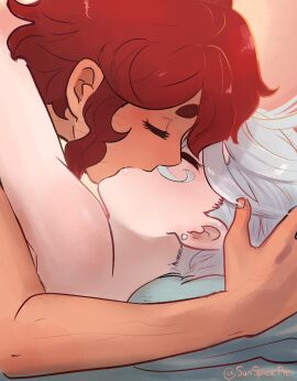 2girls ahoge artist_name artist_signature bed canon_couple close-up closed_eyes color completely_nude curly_hair earrings embrace female gradient_background gundam gundam_suisei_no_majo hand_on_another's_head highres kissing lying lying_on_back lying_on_bed married_couple miorine_rembran nude pink_background red_hair scar scars_all_over suletta_mercury sunspicepie watermark white_hair wholesome yuri