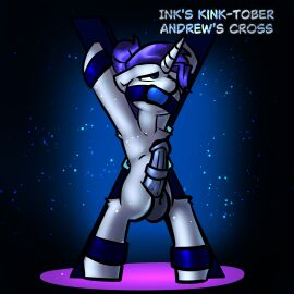 alternate_hairstyle animal_genitalia animal_penis ball_gag balls bondage bondage_furniture bound clothing equid equine equine_genitalia equine_penis erection feral friendship_is_magic gag genitals gynomorph hasbro hi_res horn intersex krano_network mammal my_little_pony mythological_creature mythological_equine mythology penis rarity_(mlp) saint_andrew's_cross solo submissive submissive_gynomorph submissive_intersex unicorn