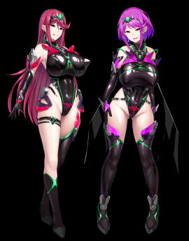 2girls black_leotard breasts core_crystal corruption earrings elbow_gloves female gloves high_heel_boots high_heels highleg highleg_leotard hypnosis large_breasts leotard long_hair looking_at_viewer mind_control miyashiro_ryuutarou mythra nintendo pubic_tattoo purple_eyes purple_hair pyra red_hair short_hair thigh_strap thighhighs tiara xenoblade_(series) xenoblade_chronicles_2