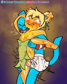 2024 anthro armwear bite biting_another biting_shoulder blonde_hair blush bodily_fluids bottomless_dress bottomless_skirt bottomwear breasts cartoon_network cheerleader cheerleader_outfit clitoris closed_eyes clothed clothed_sex clothing cosplay costume crossdressing duo erection female flat_chest gumball_watterson heart-shaped_pupils holding_head holding_leg leg_lift nipples penny_fitzgerald pussy small_breasts soulcentinel tinker_bell_(cosplay)