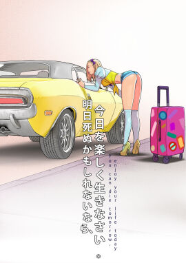 1girls bikini_top blonde_hair choker clothed denim_shorts ear_piercing earrings female female_only front-tie_top fully_clothed green_eyes high_heels hitchhiking hot_pants hotpants japanese_text lipstick makeup mia_(tekuho) mole_under_eye no_panties open_clothes open_pants open_shirt original purple_bikini purple_bikini_top revealing_clothes short_shorts shorts skimpy skimpy_clothes solo suitcase tekuho translation_request