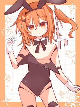 1girls ? a.i._voice adachi_rei alternate_costume android animal_ears bad_id bad_twitter_id black_hairband black_leotard black_ribbon border borrowed_design closed_mouth detached_collar dot_nose expressionless fake_animal_ears female flat_chest gloves grid_background hair_between_eyes hairband heart jitome joints leotard looking_at_viewer medium_hair nanashi_(pos_t_0w0) nippleless no_nipples one_side_up orange_border orange_eyes orange_hair playboy_bunny rabbit_ears ribbon robot robot_girl robot_joints solo sparkle spoken_question_mark star_(symbol) strapless strapless_leotard triangle utau white_gloves white_ribbon