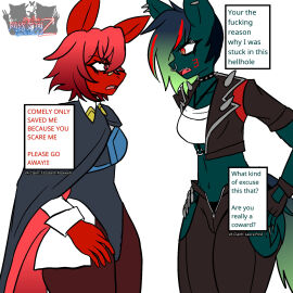 2025 2girls airiin220 belly belly_button cyberairiin_(airiin220) doodle english_text female female_only furry furry_only horse horse_race_tests leotard nighttime_knifemare piercing red_eyes red_hair resolute_mind_afternoon short_hair text tomboy