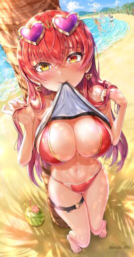 1girls 2d 2d_(artwork) alternate_costume artist_request beach belly_button big_breasts bikini bikini_bottom bikini_top blush bra breasts cleavage clouds day female female_focus female_only front_view full_body heterochromia hololive hololive_fantasy hololive_japan hourglass_figure houshou_marine light-skinned_female light_skin long_hair looking_at_viewer navel ocean official_alternate_costume palm_tree red_bikini red_bikini_bottom red_bikini_top red_eye red_hair red_swimsuit revealing_clothes sand sky slim_female solo solo_female solo_focus standing summer sunglasses sunglasses_on_head swimsuit thong thong_bikini two_piece_swimsuit virtual_youtuber vtuber vtuberfanart yellow_eye young younger_female