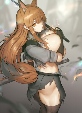 2024 alternate_breast_size animal_ear_fluff animal_ears arknights ass bangs bare_breasts battle battle_damage big_ass big_breasts big_butt black_gloves black_skirt black_thighhighs blurry blurry_background breasts brown_hair cleavage closed_mouth covered_breasts covered_nipples covering covering_breasts covering_privates covering_self damaged damaged_clothes elbow_gloves female fox_ears fox_girl fox_tail franka_(arknights) from_side gloves grey_shirt hair_between_eyes half_updo hi_res holding holding_sword holding_weapon huge_breasts long_hair looking_at_viewer melon22 midriff multi_ear orange_eyes ripped_clothes ripped_clothing scabbard sheath shirt sideboob skindentation skirt solo sword tail thick_thighs thighhighs thighs torn_clothes torn_shirt torn_skirt weapon yellow_eyes