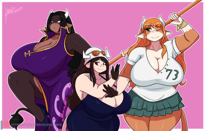 2020 3girls abby_(jwinkz) anthro artjwink big_breasts black_hair boa_hancock bracelet breasts brown_eyes brown_hair carrying_object cleavage cleavage_cutout cosplay cow_ears cow_girl cow_horns cow_tail dressrosa earrings female female_only furry furry_female green_eyes hand_on_hip hat holding_object holding_staff horns jwinkz knee_up large_breasts leg_lift long_hair nami_(one_piece) nico_robin number number_73 one_piece one_piece_film_3d2y orange_hair pink_background pirate pirate_girl pirates pointy_ears post-timeskip purple_clothes purple_clothing shorter_female shortstack simple_background size_difference smile snake_earrings staff summer_(jwinkz) sunglasses sunglasses_on_head taller_female thick_legs thick_thighs thighs thighs_bigger_than_head violet_(jwinkz) whole_cake_island wide_hips wink winking winking_at_partner