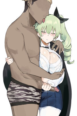 1boy anchovy_(girls_und_panzer) black_ribbon blush breasts cape censored cleavage closed_eyes drill_hair faceless faceless_male female girls_und_panzer grabbing green_hair hair_ribbon handjob highres hug huge_breasts licking_another's_hair long_hair male miniskirt mosaic_censoring pantyhose penis pleated_skirt ribbon shirt simple_background skirt standing straight sweat twin_drills twintails uniform unipiano white_background white_shirt