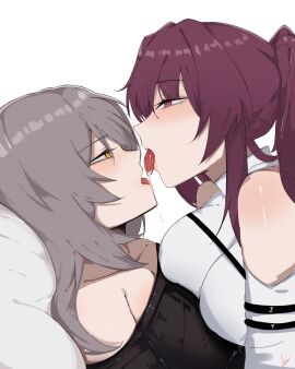 2girls absurdres arnkun bare_shoulders black_shirt blush breast-to-breast breasts female french_kiss grey_hair highres honkai:_star_rail honkai_(series) imminent_kiss kafka_(honkai:_star_rail) kissing large_breasts long_hair multiple_females multiple_girls open_mouth pillow ponytail purple_eyes purple_hair saliva saliva_drip shirt simple_background stelle_(honkai:_star_rail) strapless strapless_shirt tongue tongue_out trailblazer_(honkai:_star_rail) white_background white_shirt yellow_eyes yuri