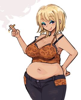 1girls 2d bedroom_eyes belly big_breasts blonde_hair breasts chubby chubby_female cigarette cleavage color female female_only hunie_(series) huniepop huniepop_2 jessie_maye kint kinto-bean leopard_print makeup mature_female milf short_hair skimpy slightly_chubby smile smoking solo white_background wide_hips