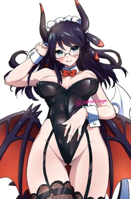 artist_name artist_signature ass_visible_through_thighs black_hair breasts duel_monster female garter_straps glasses horns house_dragonmaid large_breasts leotard lingerie sushiwo_kueyo tagme thighhighs thighs tight_clothing wings yu-gi-oh!