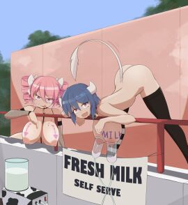 2girls absurdres ass bell blue_hair breasts closed_mouth cow_girl cow_horns cow_tail cowbell drill_hair hair_ribbon highres horns jashin-chan_dropkick lactation large_breasts looking_at_viewer milking_machine minos_(jashin-chan_dropkick) minos_drawfag multiple_girls neck_bell nipple_piercing nipples non-web_source nude oerba_yun_fang open_mouth outdoors piercing pink_eyes pink_hair pino_(jashin-chan_dropkick) red_eyes ribbon short_hair sky smile tail thighhighs tongue tongue_out twin_drills