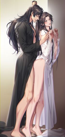 2boys abs absurdres against_wall barefoot black_hair black_hanfu blush brown_hair chinese_clothes chu_wanning clenched_hands clenched_teeth cum cum_on_ass cum_on_body cum_on_legs cum_overflow cum_pool earrings erha_he_ta_de_bai_mao_shizun furrowed_brow grey_hair hand_on_another's_shoulder hanfu heavy_breathing high_ponytail highres jewelry long_hair long_sidelocks looking_ahead male_focus male_penetrated mo_ran motion_lines multiple_boys no_pants open_clothes open_mouth parted_hair partially_undressed pectorals ponytail sex sex_from_behind sidelocks standing standing_sex stud_earrings sweatdrop taxian-jun teeth tiptoes topknot white_hanfu xiao_guan_(headdress) yaoi zehel_az