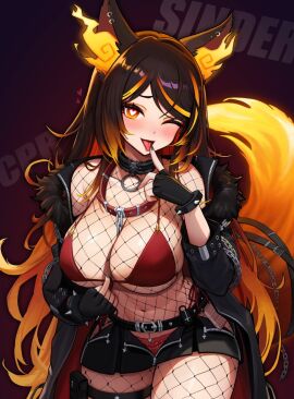 1girls animal_ears belly_button belt black_gloves black_nails blush bra breasts brown_hair chains character_name cleavage clickdraws clothed clothing collar cosplay female female_only fingerless_gloves fire fire_tail fishnets gloves heart-shaped_pupil hellhound huge_breasts indie_virtual_youtuber jacket light-skinned_female light_skin looking_at_viewer monster_girl one_eye_closed orange_eye panties red_bra red_panties revealing_clothes shorts sinder_(vtuber) solo symbol-shaped_pupil tail tongue tongue_out touching_tongue unbuttoned unbuttoned_shorts virtual_youtuber wink wolf wolf_ears wolf_girl wolf_tail
