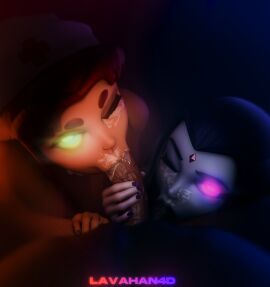 1boy 2girls 3d cum cum_on_face dark-skinned_male dark_skin dc dc_comics erection fellatio female ffm_threesome glowing_eyes lavah male multiple_females multiple_girls oral oral_sex partial_male penis raven_(dc) starfire teen_titans threesome