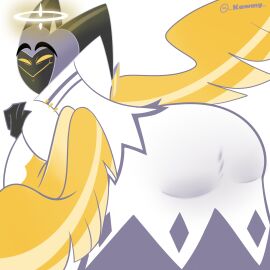 1boy kawny_(artist) adam_(hazbin_hotel) ass ass_focus big_ass big_butt dat_butt fat_ass fat_butt fat_male fully_clothed hazbin_hotel looking_at_viewer looking_back male male_only no_sex smirk solo teasing wide_hips wings