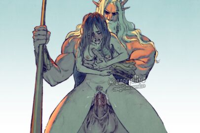 1boy 1girls balls blush bracer breasts brown_hair crown female female_orgasm fishman grabbing grabbing_another's_breast greek_mythology groping half-closed_eyes hand_on_another's_hand helpless holding holding_staff huge_cock human human_penetrated large_balls large_penis large_testicles legs_apart legs_spread long_hair male merfolk merman monster monster_cock monster_on_female monster_rape muscular open_mouth orgasm penis poseidon poseidon_(greek_mythology) poseidon_(mythology) pussy pussy_juice raped_by_monster ridiculous_fit saagelius saliva scared serious size_difference small_breasts staff teeth testicles torn_clothes torso_grab upper_teeth used vaginal_penetration white_hair